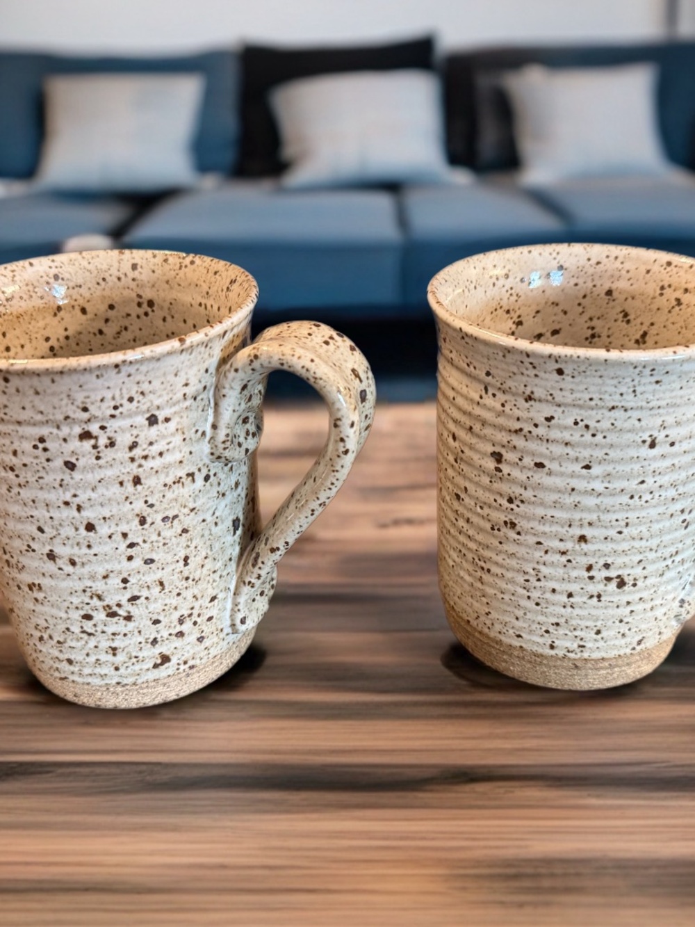 Handmade Speckled Pottery Mugs - Signed "Jessy" Artisan Stoneware - Set of 2
